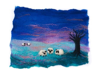 Felting Kit to make winter sheep landscape, with colourful sunset - wet felt and needle felt with online tutorial