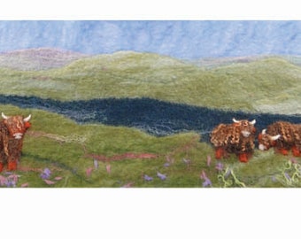 Felt Making Kit to make Scottish Landscape picture with Highland Cattle and online tutorial