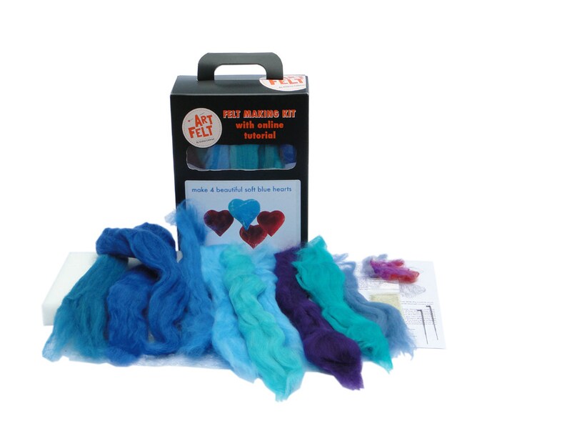 Needle Felting Kit making Four felt Blue Hearts DIY project, online tutorial image 3