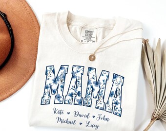 Personalized Gigi Comfort Colors® Shirt Dusty Blue Floral Grandma Mama Shirt Custom Names Mimi Nana Gigi Long Sleeve Tshirt Mothers Day Tee
