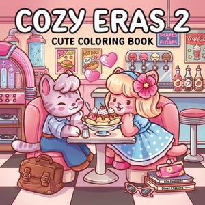 Puede incluir: Ilustración colorida para un libro para colorear titulado "COZY ERAS 2". La imagen presenta dos personajes de dibujos animados de gatos en un ambiente de restaurante de los años 50, disfrutando de un banana split. La escena incluye una gramola, una fuente de refrescos y decoración retro.