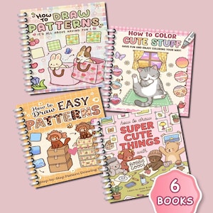 Può includere: Una collezione di sei libri rilegati a spirale con copertine colorate. I libri presentano illustrazioni di simpatici animali e oggetti, con titoli come "How to Draw Patterns" e "How to Color Cute Stuff". I libri sono progettati per imparare a disegnare.