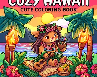 Livro de colorir aconchegante do Havaí | Páginas fofas para colorir com temas tropicais para adolescentes e adultos | Livro de colorir kawaii de férias na praia com páginas de Coco Wyo