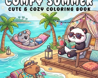 Livro de colorir aconchegante para o verão | Animais fofos e kawaii da praia | Linhas grossas e fáceis | Arte relaxante para férias para adultos e adolescentes | Coco wyo art