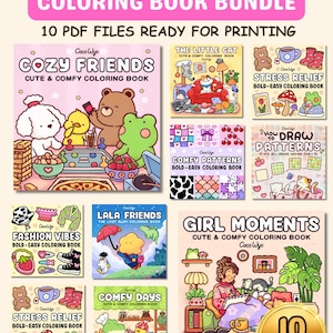 May include: A digital bundle of 10 Coco Wyo coloring books featuring titles like Cozy Friends, Stress Relief, Comfy Patterns, How to Draw Patterns, Fashion Vibes, Lala Friends, Comfy Days, and Girl Moments, presented as PDF files for printing.