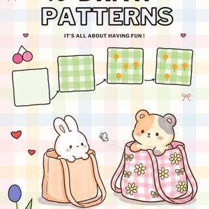 May include: A digital instructional guide titled HOW TO DRAW PATTERNS IT'S ALL ABOUT HAVING FUN! featuring a step-by-step tutorial on creating a green gingham pattern, with a white rabbit in a peach bag and a calico cat in a pink floral bag.