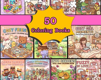 Coleção de 50 livros fofos e aconchegantes | Páginas para colorir ousadas e fáceis | Livro de colorir estilo Coco Wyo | Arte Kawaii em PDF