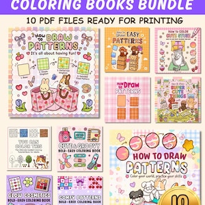 May include: A digital bundle of 10 PDF coloring books titled Draw Patterns Coloring Books Bundle. The collection features various illustrated covers with cute characters, patterns, and text including How to Draw Patterns, Cute & Groovy, and Glow Cosmetics.