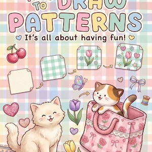 May include: A colorful illustration with the text "How to Draw Patterns." The image features cute cartoon cats, cherries, hearts, flowers, and a pink tote bag. The background is a pastel plaid pattern.