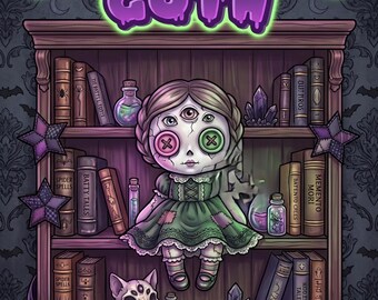 Adorável boneca gótica | Clipart fofo e assustador de Halloween | Arte para quarto de bebê Coco Wyo | Imprimível Dark Academia | Estilo Coco Wyo
