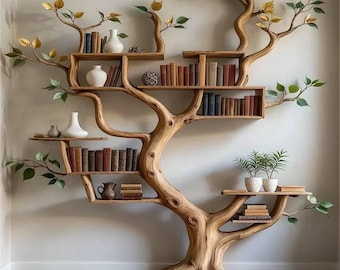 Estantería rústica de madera hecha a mano con forma de árbol: estante de pared de madera para libros, plantas y decoración del hogar.