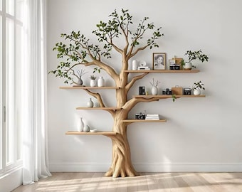 Estantería de madera de roble natural – Librería de ramas hecha a mano, pieza decorativa para colgar en la pared
