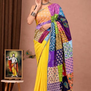 Sari de algodão patchwork de designer || Sari estampado || Estampa Bagru || Bloco de madeira feito à mão || Feito à mão