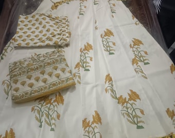 Bedrukte katoenen Anarkali Kurti Set | Gele zomeroutfit met bloemenprint