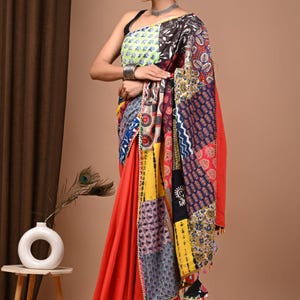 Designer Patchwork Cotton Saree|| Printed Sari|| Bagru Print|| Hand block || Blouse with Fal Pico