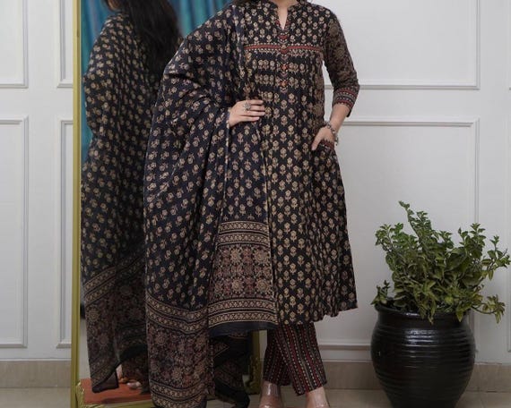 Printed Cotton Salwar Suit with Dupatta – Embroidery Work Kurta Set
