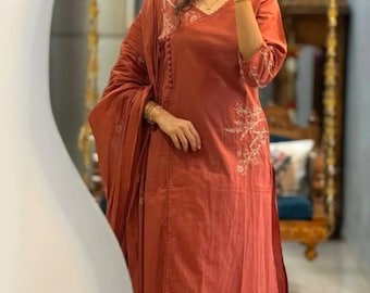 Dupatta-set met geborduurde katoenen Kurta-broek | Salwar-pak voor handwerk