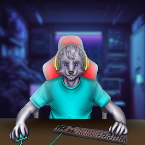May include: Digital illustration of a wolf-like character wearing a headset and a teal t-shirt, seated in a red gaming chair. The character is using a mouse and keyboard, with a blurred background suggesting a gaming setup.