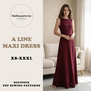 Könnte beinhalten: Ein bordeauxfarbenes A-Linien-Maxikleid. Das Kleid ist ärmellos mit rundem Ausschnitt und fließendem Rock. Das Bild enthält den Text "A Line Maxi Dress" und "XS-XXXL". Das Schnittmuster ist für Anfänger.