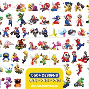 Puede incluir: Una colección de coloridas ilustraciones digitales con varios personajes de la franquicia Super Mario, incluidos Mario, Luigi y Bowser en diferentes poses y vehículos. Un recuadro amarillo contiene el texto 550+ DESIGNS SVG - PNG - PNG DIGITAL DOWNLOAD.