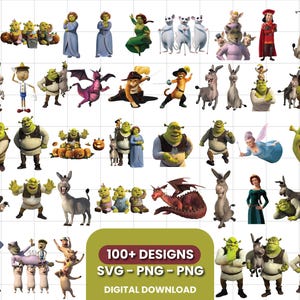 Puede incluir: Una colección de ilustraciones digitales de personajes de la franquicia Shrek, incluyendo a Shrek, Fiona, Burro, el Gato con Botas y otros. La imagen presenta más de 100 diseños en formatos SVG y PNG, con el texto 100+ DESIGNS SVG-PNG-PNG DIGITAL DOWNLOAD.