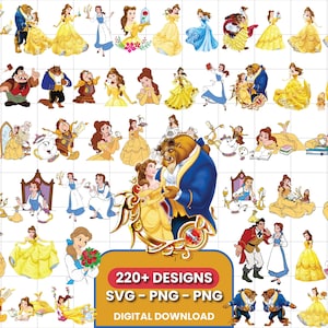 May include: A collection of digital illustrations featuring characters from Beauty and the Beast, including Belle and the Beast in various poses and outfits. The image includes text that reads 220+ DESIGNS SVG - PNG - PNG DIGITAL DOWNLOAD.
