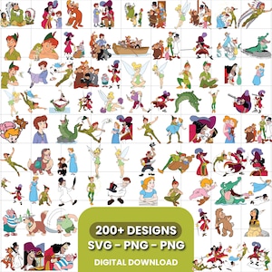 Puede incluir: Una colección digital de más de 200 diseños gráficos con temática de Peter Pan que incluye personajes como Peter Pan, Campanilla, el Capitán Garfio y el cocodrilo en varias poses. Un cuadro de texto verde indica 200+ DESIGNS SVG PNG PNG DIGITAL DOWNLOAD.