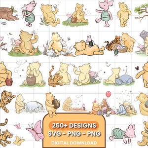 250+ klassiska Nalle Puh PNG SVG Clipart-paket, utskrivbara, pojkefödelsedag direkt digital nedladdning, vintage Puh babyshower