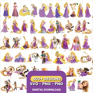 Puede incluir: Una colección de ilustraciones digitales de un personaje con cabello rubio largo y vestido morado, incluyendo varias poses, interacciones con otros personajes y animales. La imagen incluye el texto 400+ DESIGNS SVG-PNG-PNG DIGITAL DOWNLOAD.