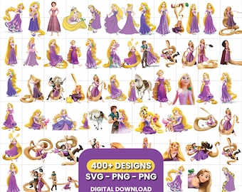 May include: A collection of digital illustrations featuring a character with long blonde hair in a purple dress, including various poses, interactions with other characters, and animals. The image includes text that reads 400+ DESIGNS SVG-PNG-PNG DIGITAL DOWNLOAD.