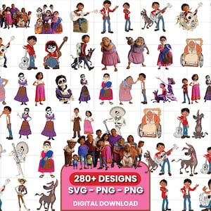 May include: A collection of digital character illustrations from the movie Coco, featuring various family members, skeletons, and animals in colourful outfits, with a pink box at the bottom displaying the text 280+ DESIGNS SVG - PNG - PNG DIGITAL DOWNLOAD.