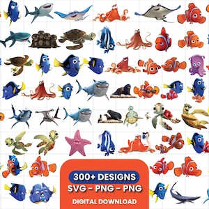 May include: A collection of colorful cartoon sea creatures including clownfish, blue tangs, sharks, sea turtles, octopuses, and a starfish arranged in a grid, with an orange box containing the text 300+ DESIGNS SVG PNG PNG DIGITAL DOWNLOAD.