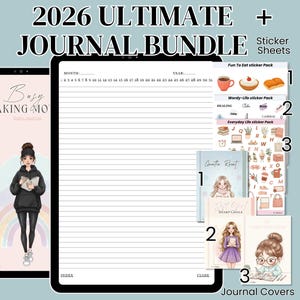 Puede incluir: La imagen muestra un paquete de diarios con el texto "2026 ULTIMATE JOURNAL BUNDLE". Incluye un diario digital, hojas de pegatinas y cubiertas de diario. El diario digital presenta una ilustración de mujer y las palabras "Busy Making Mo".