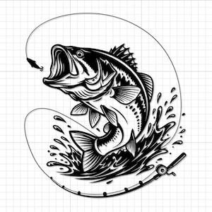 May include: Black and white illustration of a largemouth bass leaping out of the water, with a fishing lure and rod. The fish is detailed with scales and fins, and water splashes are depicted around it. A fishing theme.