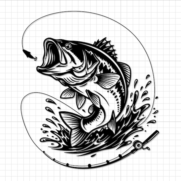 Bass Fishing SVG PNG Files, Jumping Fish TShirt Designs, Cricut Cut File