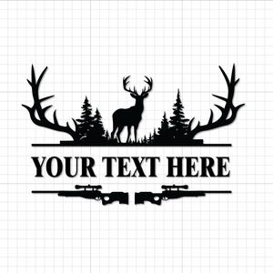 May include: Black silhouette design featuring a deer with antlers, trees, and rifles. The text "YOUR TEXT HERE" is centered below the deer. The design is on a white background with a grid pattern.