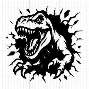 May include: A black and white graphic of a Tyrannosaurus Rex head bursting through a wall. The dinosaur's open mouth reveals sharp teeth. The image has a detailed, stylized design with a cracked wall effect.