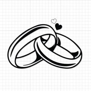 Könnte beinhalten: Schwarz-weiße Illustration von zwei ineinandergreifenden Eheringen, die Einheit symbolisieren. Zwei kleine Herzen, eines umrandet und eines voll, befinden sich über den Ringen. Das Design ist vor einem Rasterhintergrund, ideal für Hochzeitsartikel.