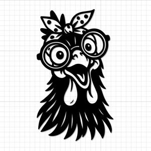 Könnte beinhalten: Schwarz-weiße Silhouette eines Hühnerkopfes mit runder Brille und einem gepunkteten Stirnband. Das Huhn hat einen offenen Schnabel und einen langen Kehllappen. Das Bild befindet sich auf einem weißen Gitterhintergrund.