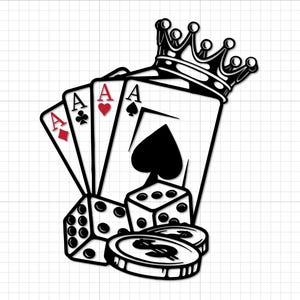 May include: Black and white graphic of playing cards, dice, and coins. Four Aces are displayed, with a crown atop the Ace of Spades. Two dice and two coins with dollar signs complete the design.