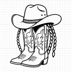 Puede incluir: Ilustración en blanco y negro de un sombrero de vaquero, botas de vaquero y trenzas. El sombrero de vaquero tiene una banda decorativa. Las botas de vaquero tienen un diseño decorativo. Las trenzas cuelgan del sombrero.