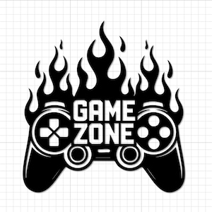 May include: Black and white graphic of a video game controller with the words "GAME ZONE" in the center. Flames surround the controller, creating a dynamic and energetic design, perfect for gamers.