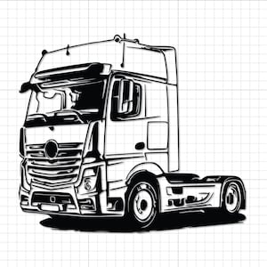 May include: Black and white line art illustration of a semi-truck. The truck features a detailed front grill, headlights, and a cab with windows. The design is a modern, stylized representation of a commercial vehicle.