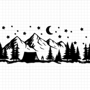 May include: Black silhouette of a mountain scene with a tent, trees, stars, and a crescent moon. The design features a camping theme, with a campfire in front of the tent. The stars and moon are in the night sky.