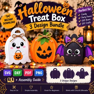 May include: A digital Halloween treat box 3 design bundle featuring a white ghost box, an orange pumpkin box, and a black bat box. The image includes text labels for SVG, DXF, PDF, and PNG file formats, an assembly guide icon, and 3 unique designs.