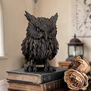 Può includere: Una statuetta di gufo marrone scuro con dettagliate texture di piume, appollaiata sopra una pila di due libri antichi con copertina rigida. Il gufo presenta ciuffi auricolari prominenti e tratti definiti, accanto a fiori secchi dai toni spenti.