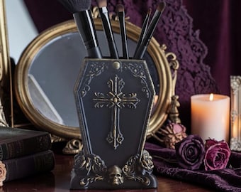 Gothic Coffin Makeup Brush Holder with Gold Accents, Gothic Desk Organizer, Skull Pen Holder, Dark Academia Vanity Decor, Goth Room Gift