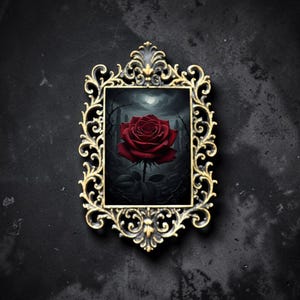 May include: A rectangular wall art piece featuring a deep red rose centred within a dark, moody landscape. The artwork is encased in an ornate, vintage-style gold frame with intricate scrollwork and filigree detailing along the edges.