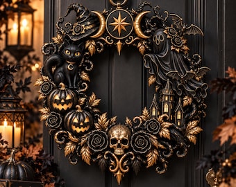 Puede incluir: Una corona circular de Halloween con un gato negro, un fantasma, dos calabazas brillantes, una calavera y una casa encantada en miniatura. La corona está decorada con rosas negras, hojas doradas, murciélagos, un sombrero de bruja y un emblema.
