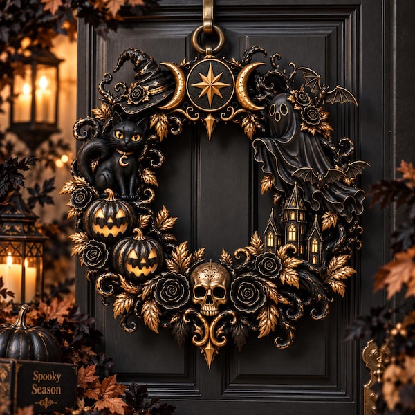 Gothic Halloween Door Wreath, Black Gold Witchy Wreath, Spooky Front Door Decor, Skull Ghost Pumpkin Cat Wreath, Halloween Home Decor